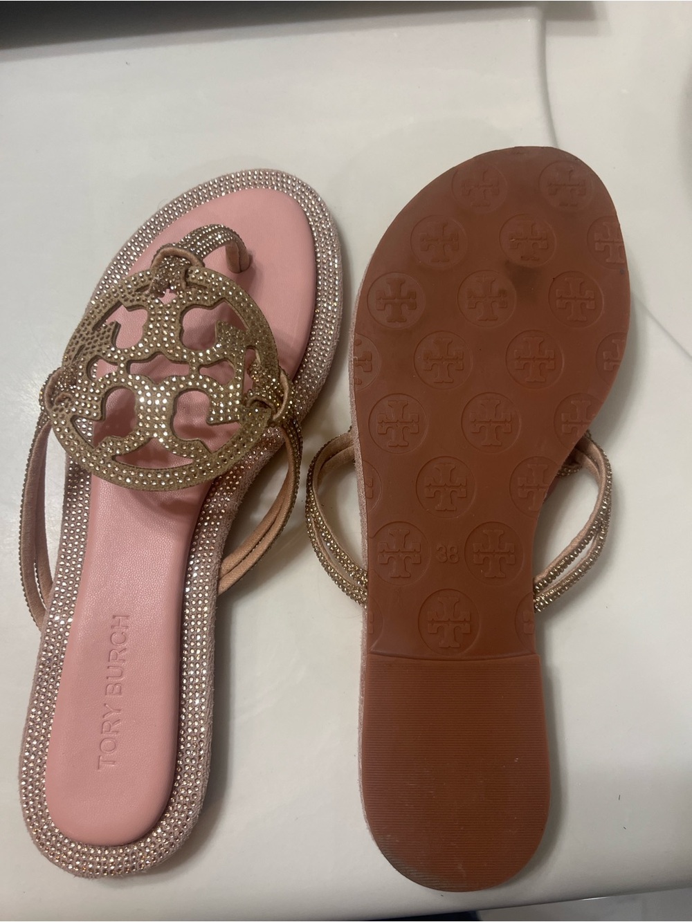 Tory Burch Rose Pink Miller Logo Thong Sandals with Gold Accents